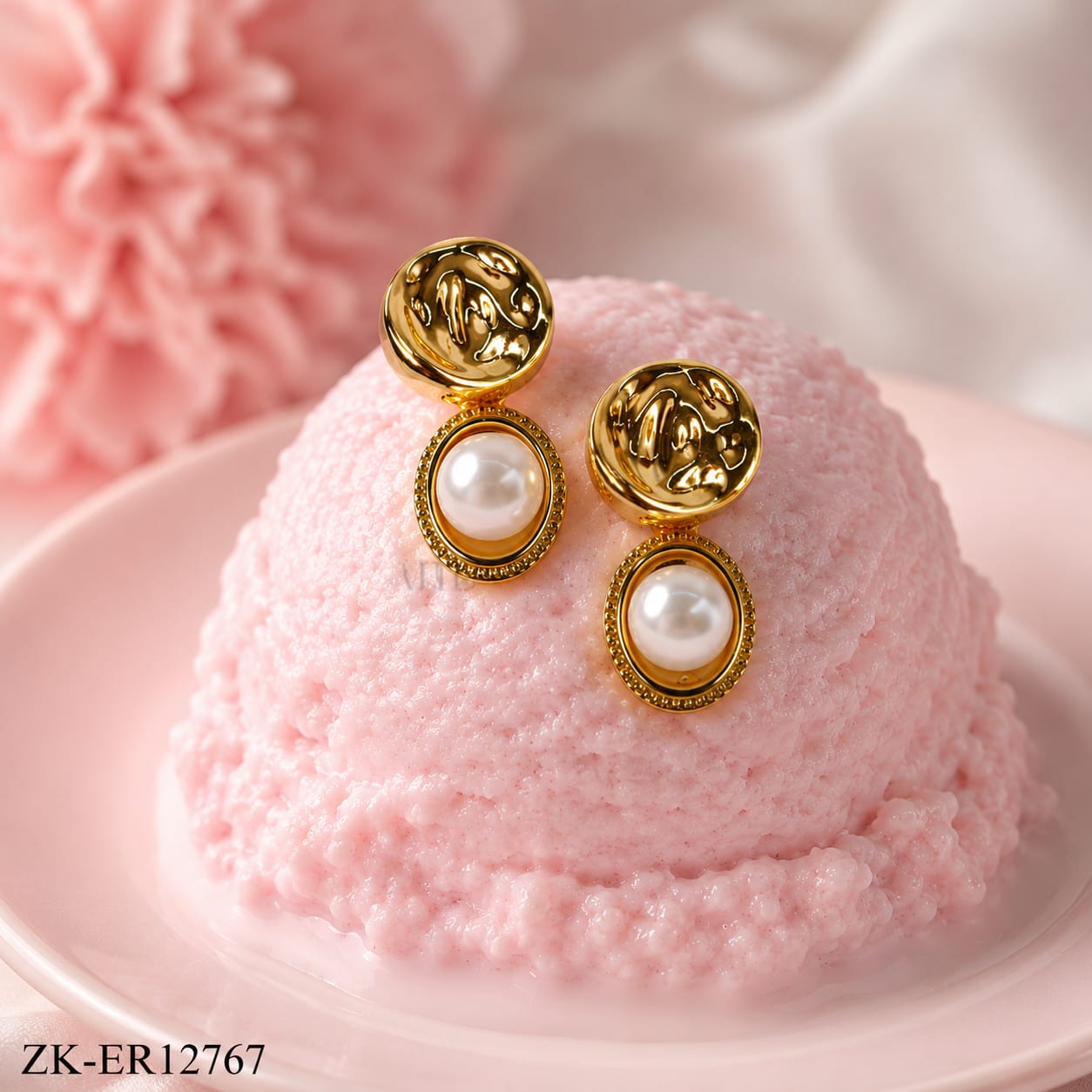 GOLD TEXTURED TOP PEARL DROP EARRINGS