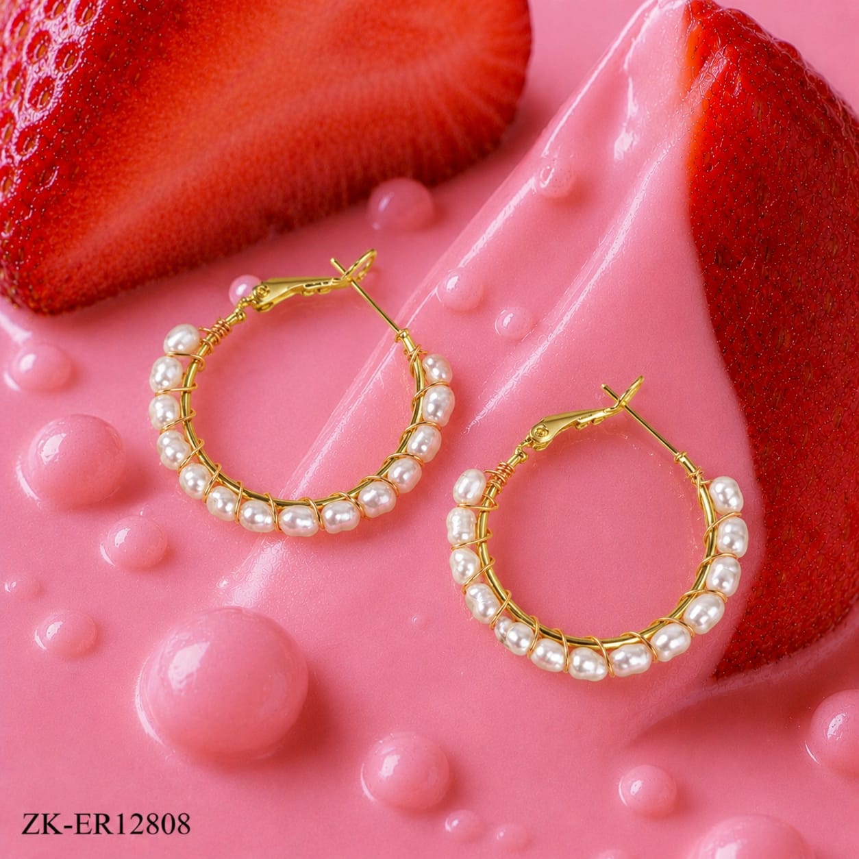 GOLD TONE WHITE PEARLS HOOP EARRINGS