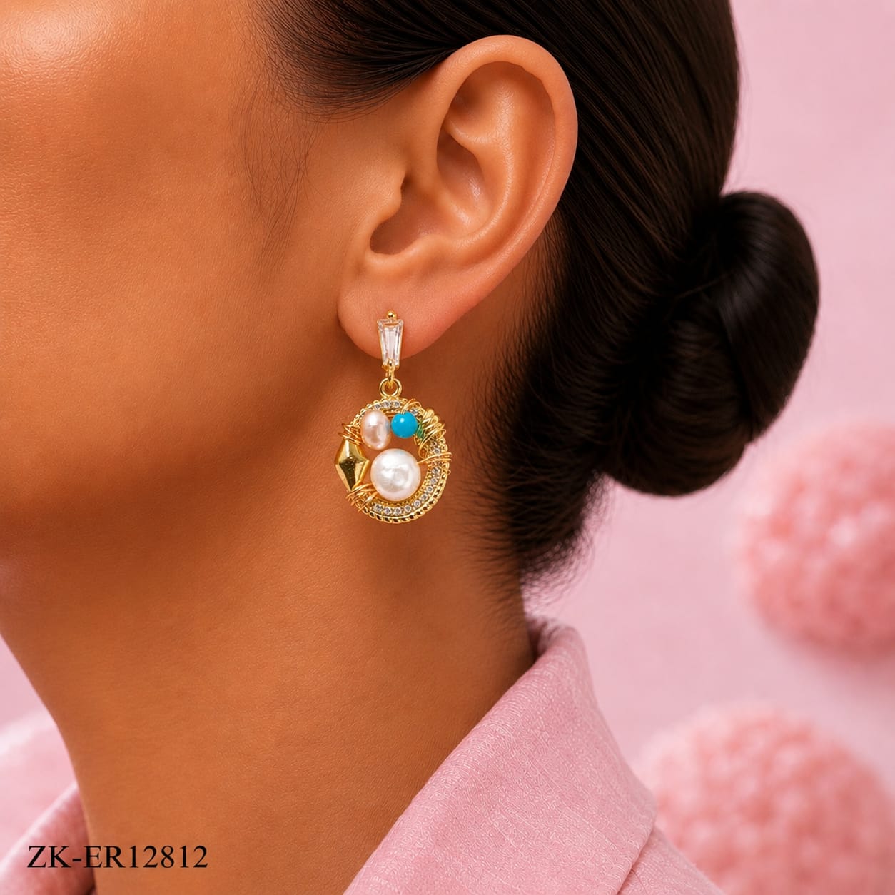 GOLD TONE ROUND MULTI BEADS EARRINGS