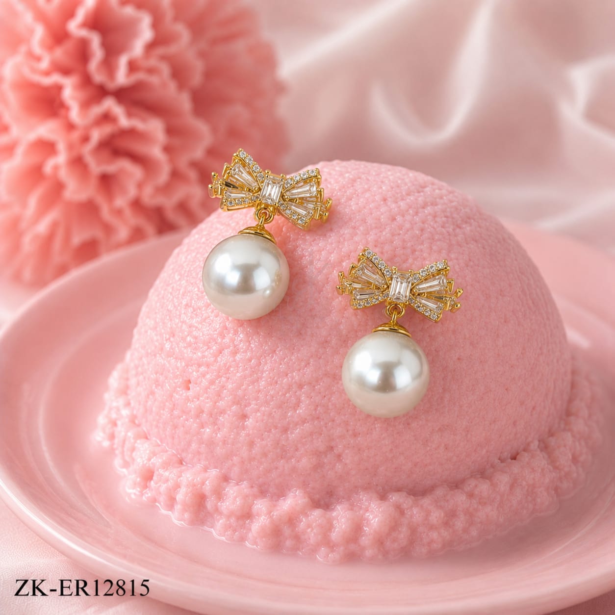 GOLD BOW GREY PEARL DROP EARRINGS