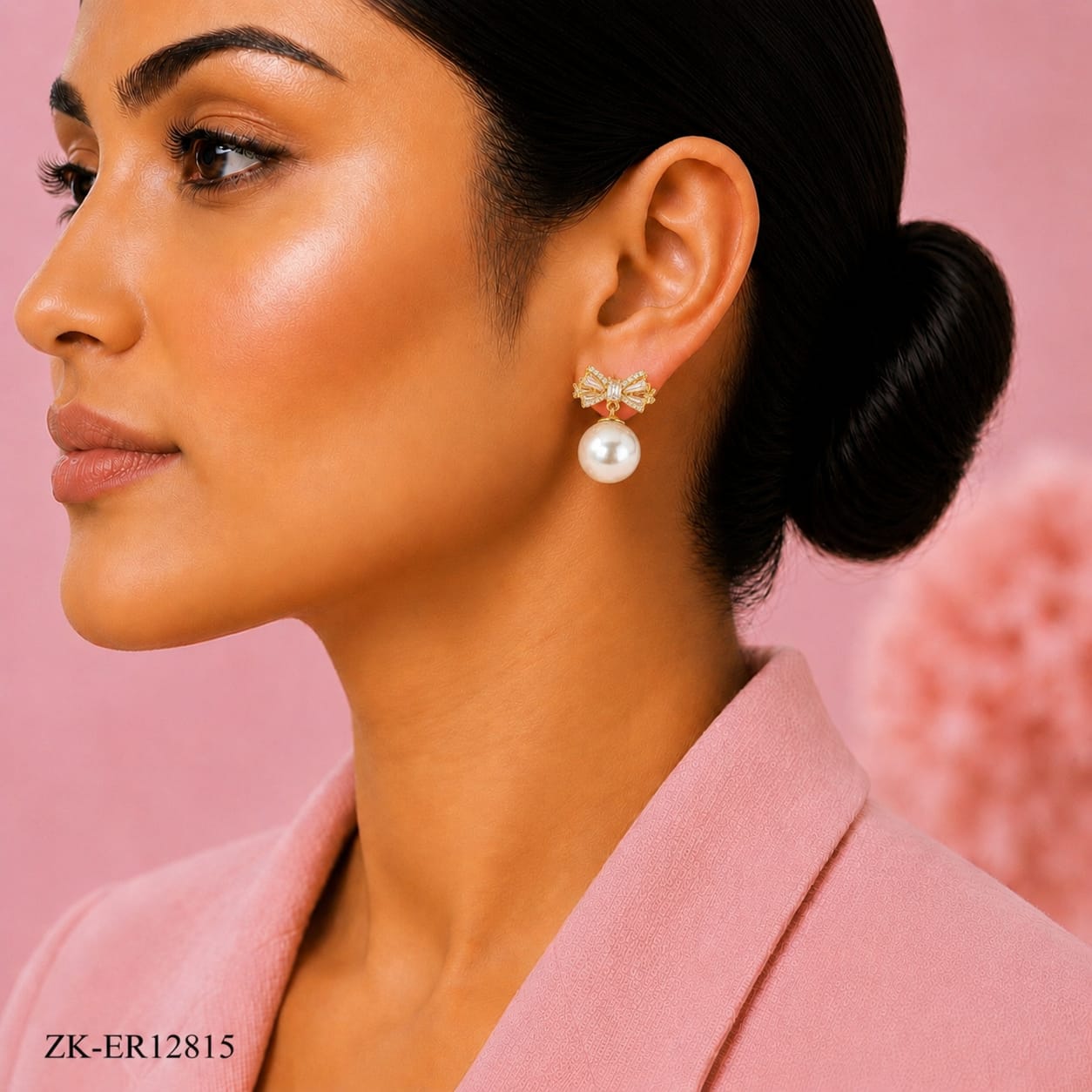 GOLD BOW GREY PEARL DROP EARRINGS
