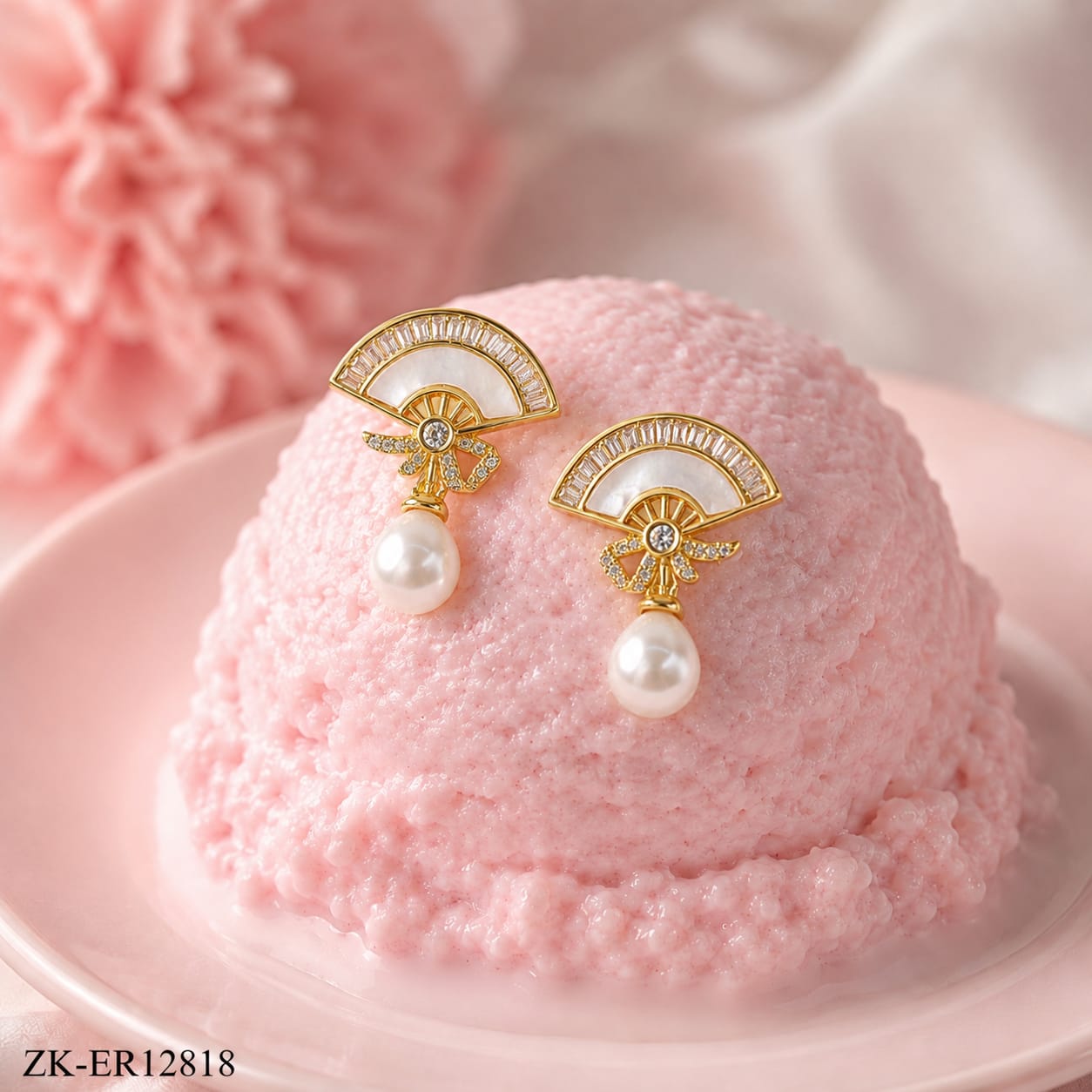 GOLD FAN SHAPED PEARL DROP EARRINGS