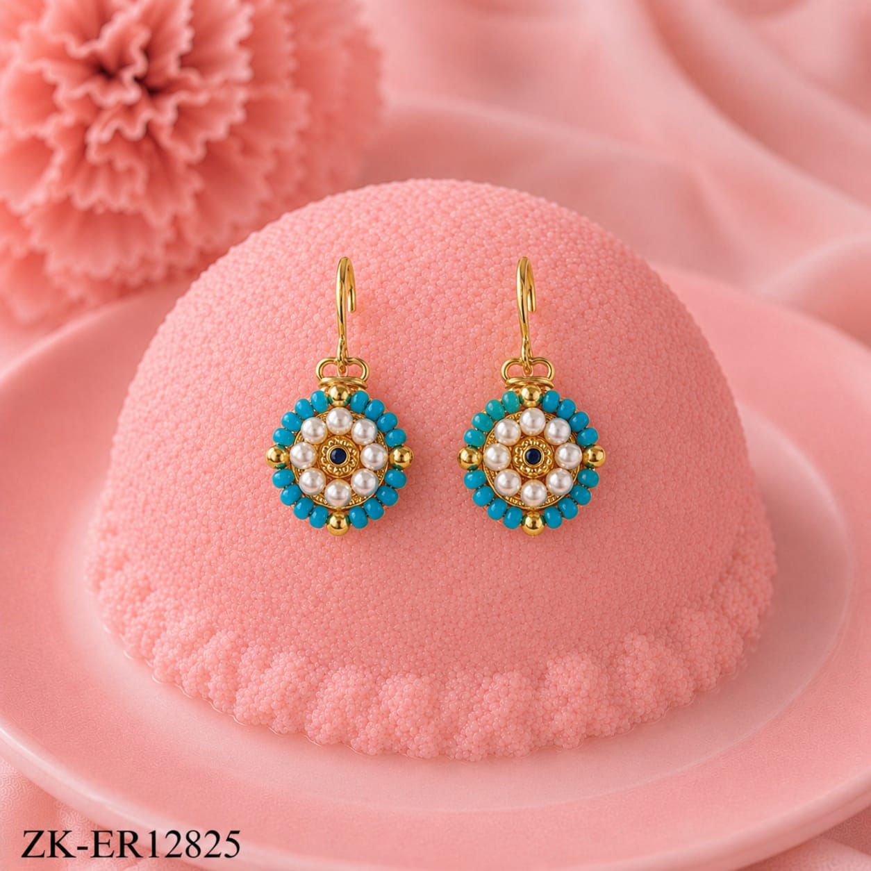 GOLD FLORAL EARRINGS WITH PEARLS AND BLUE BEADS