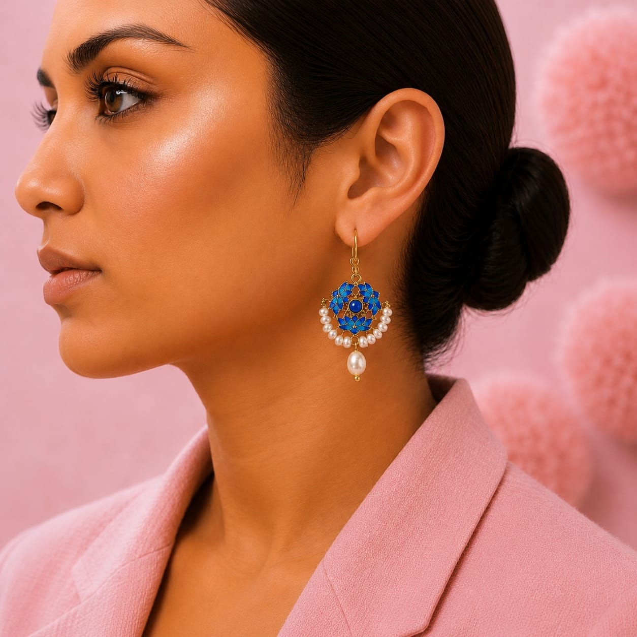 GOLD FLORAL HOOK BLUE ENAMEL EARRINGS