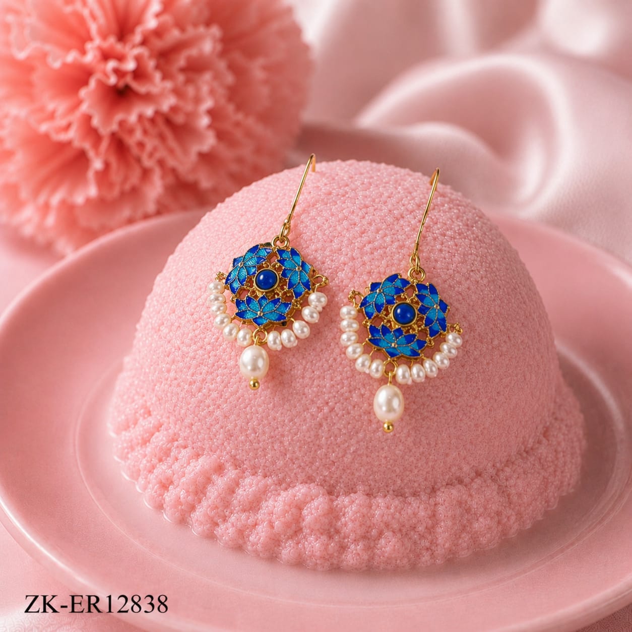 GOLD FLORAL HOOK BLUE ENAMEL EARRINGS