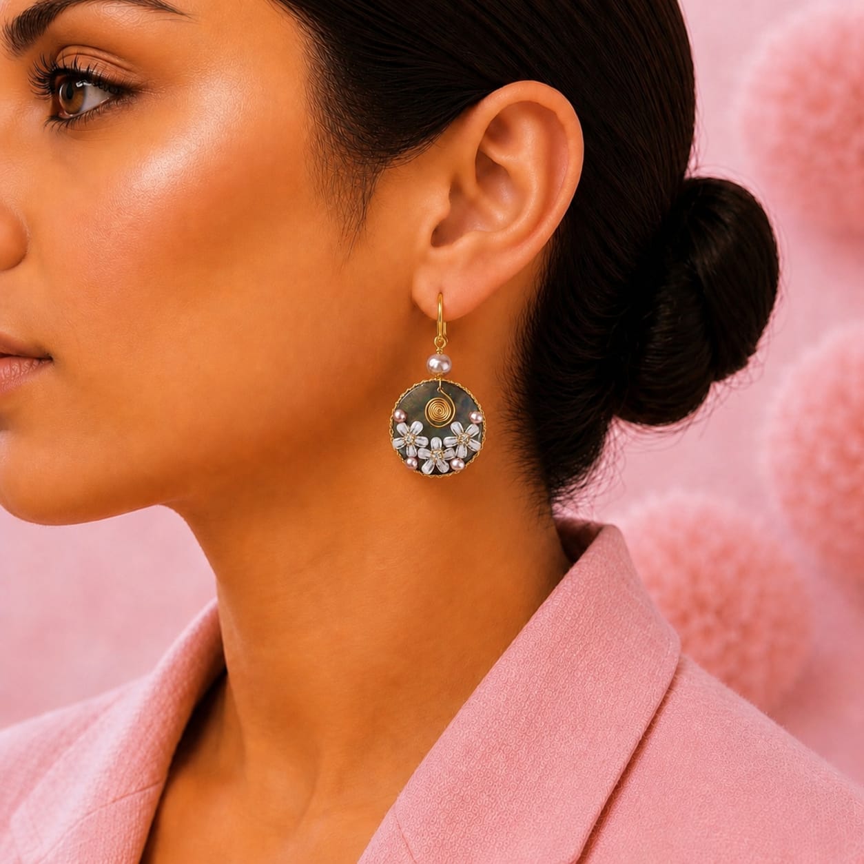 ROUND SHELL BASE FLORAL EARRINGS
