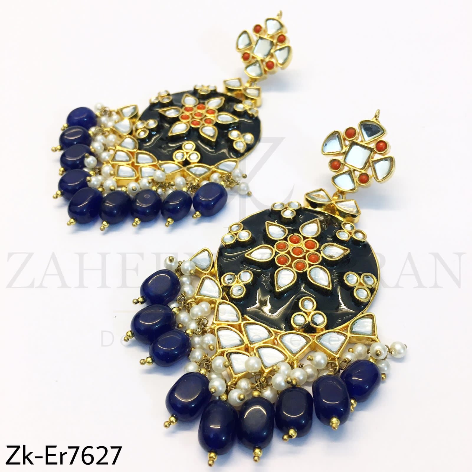Blue meena kundan danglers