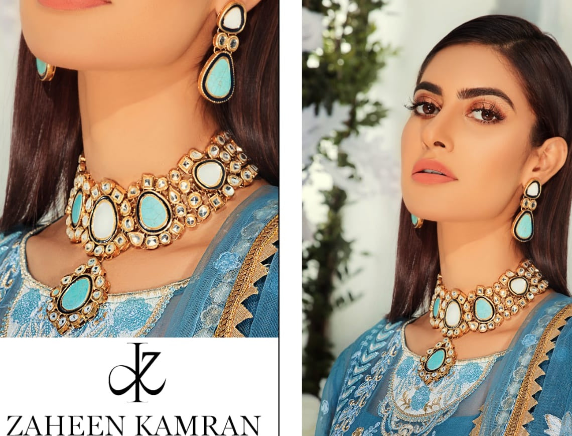 Gold Plated Turquise White Stone Necklace Set