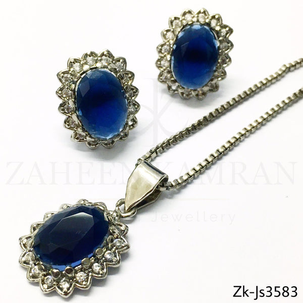 Sapphire silver Pendent Set