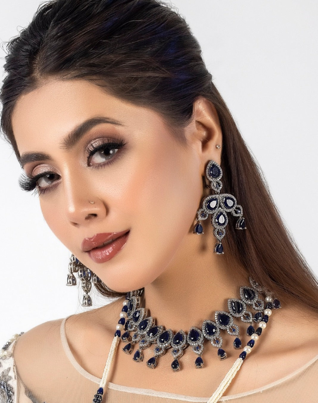Sapphire drop silver set