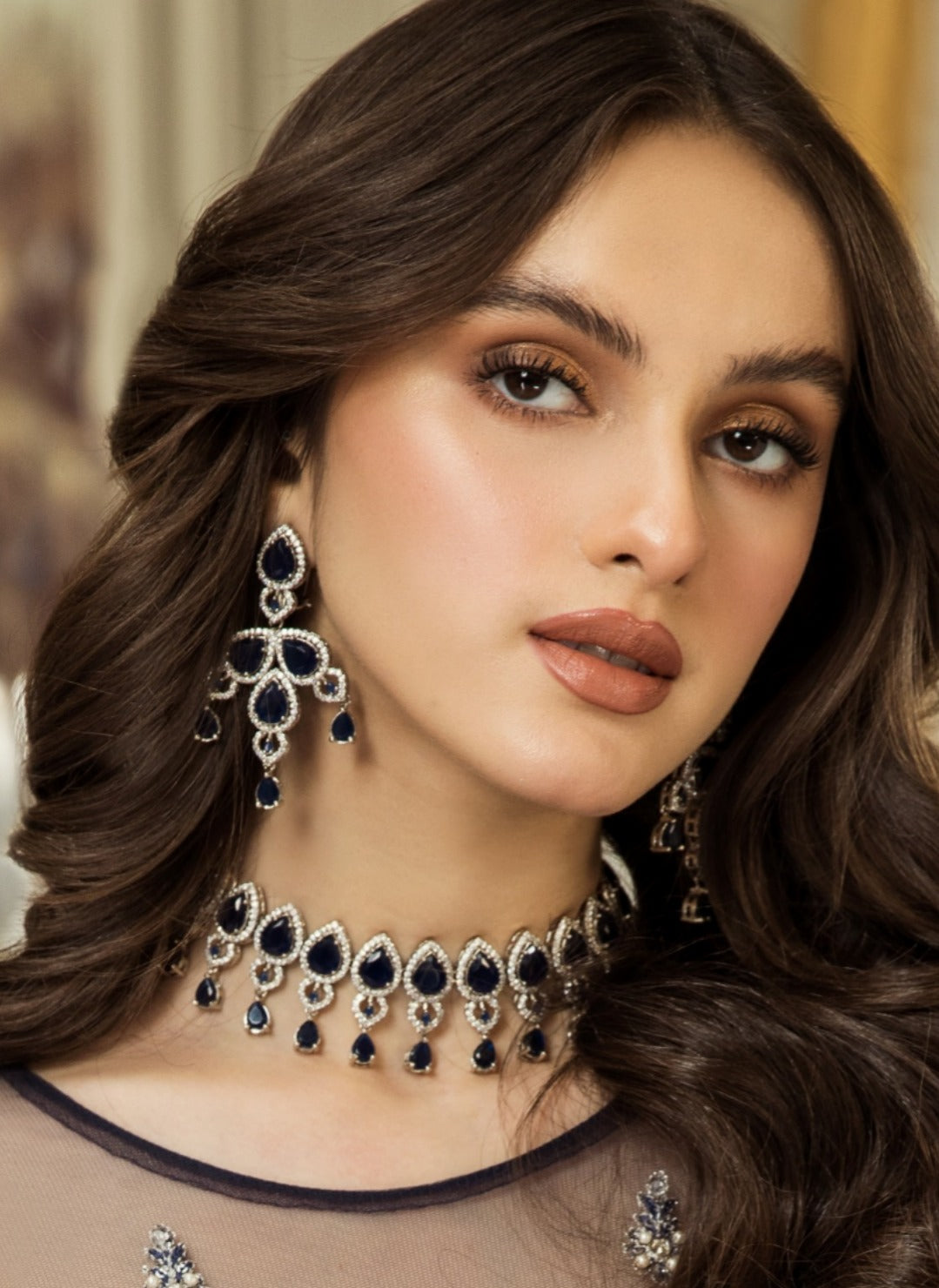 Sapphire drop silver set