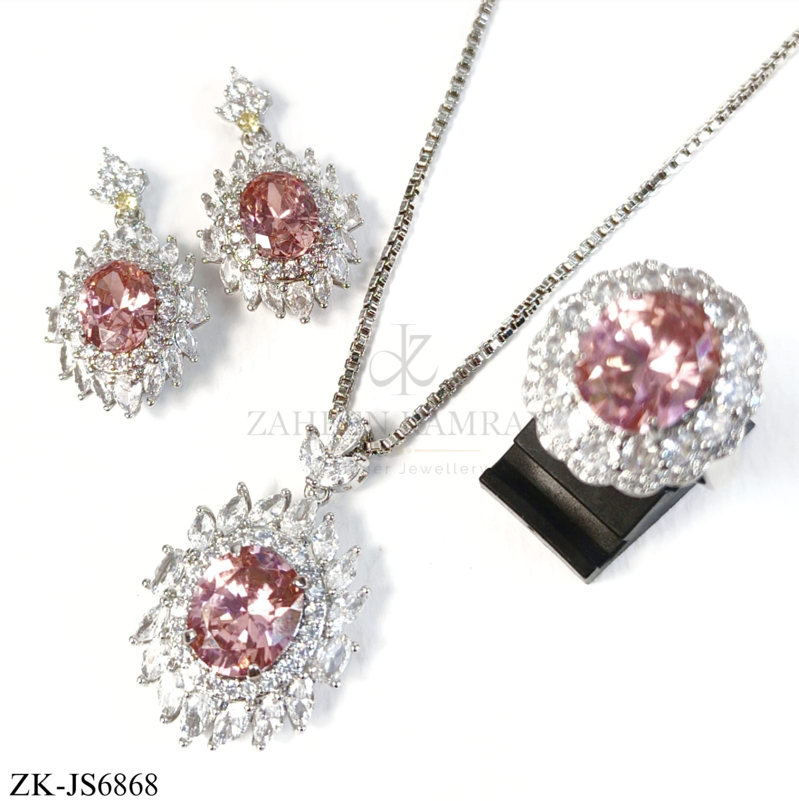 SILVER PINK OVAL HALO SET