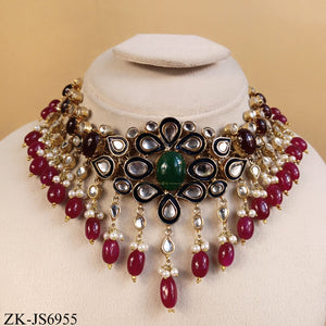 GOLD TONE KUNDAN CHOKER SET WITH RUBY DROP