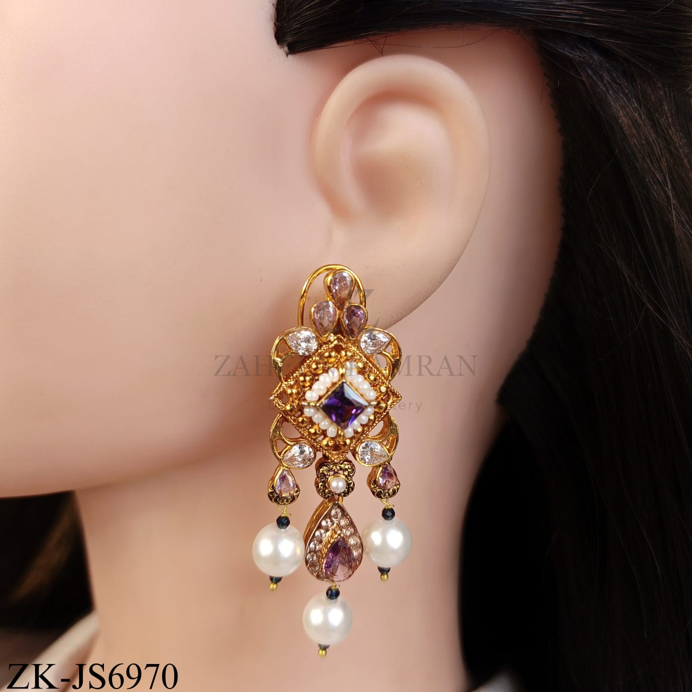 GOLD TONE AMETHYST TEARDROP PEARLS TASSEL SET