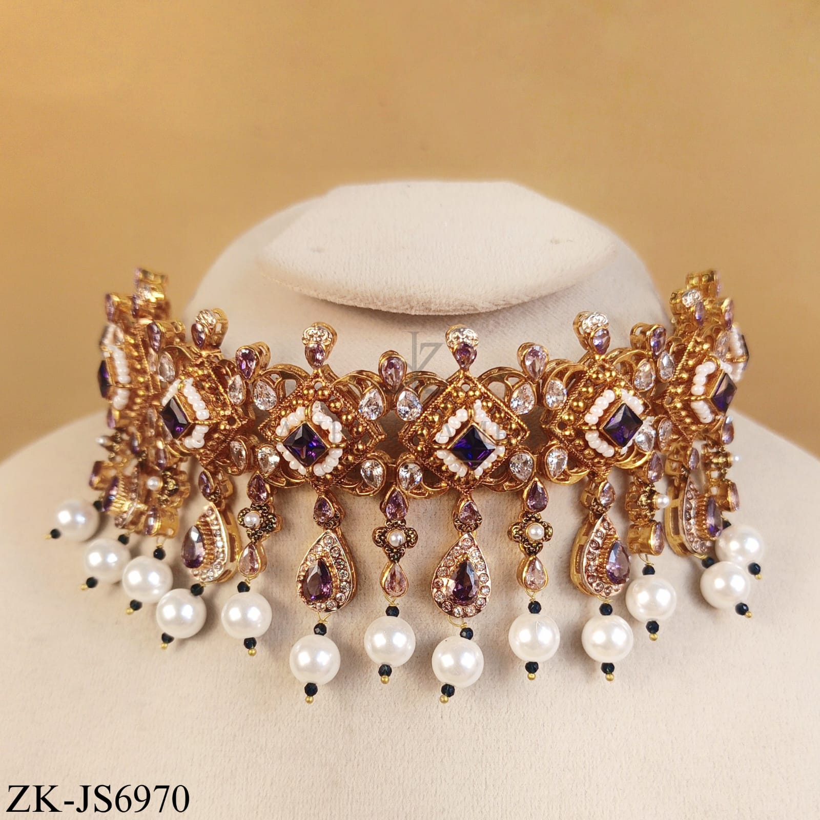 GOLD TONE AMETHYST TEARDROP PEARLS TASSEL SET