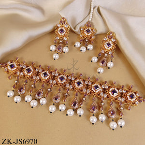 GOLD TONE AMETHYST TEARDROP PEARLS TASSEL SET