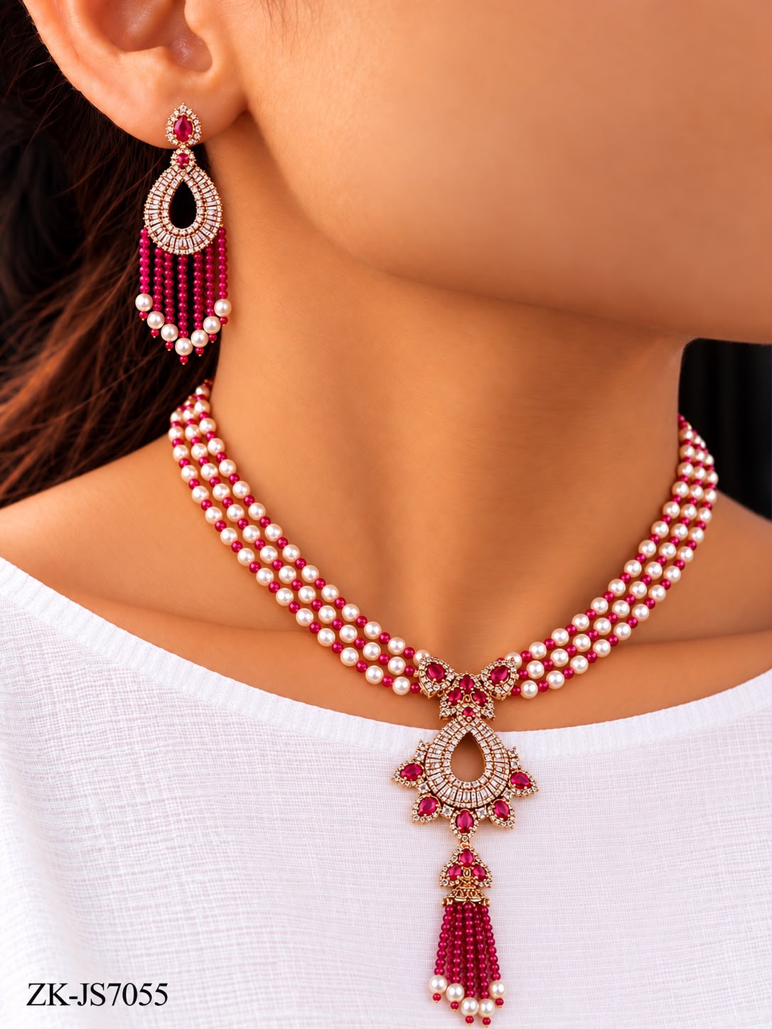 GOLDEN LONG RUBY TASSELS MALA SET