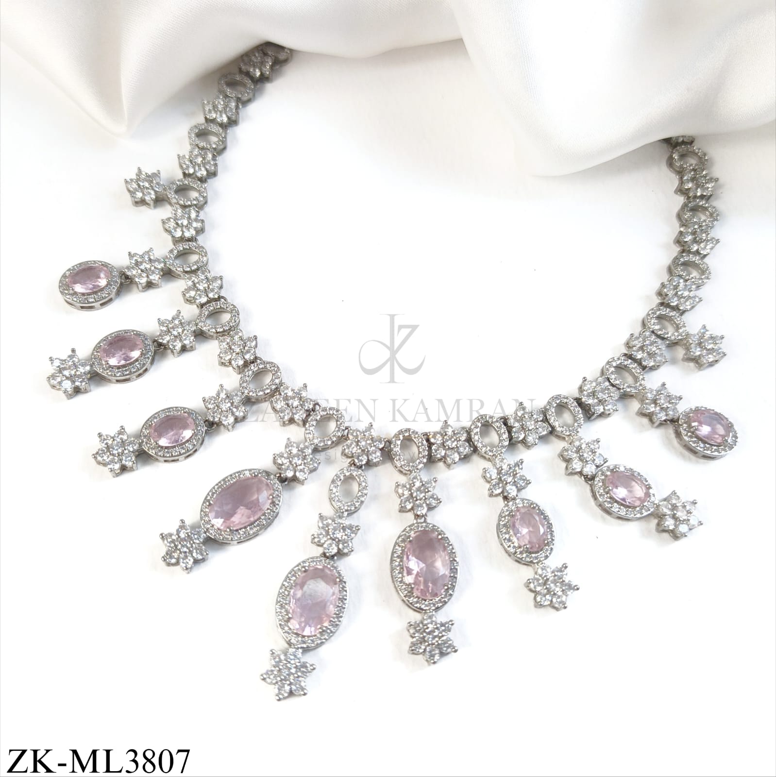 SILVER  PINK FLORAL LINK MALA