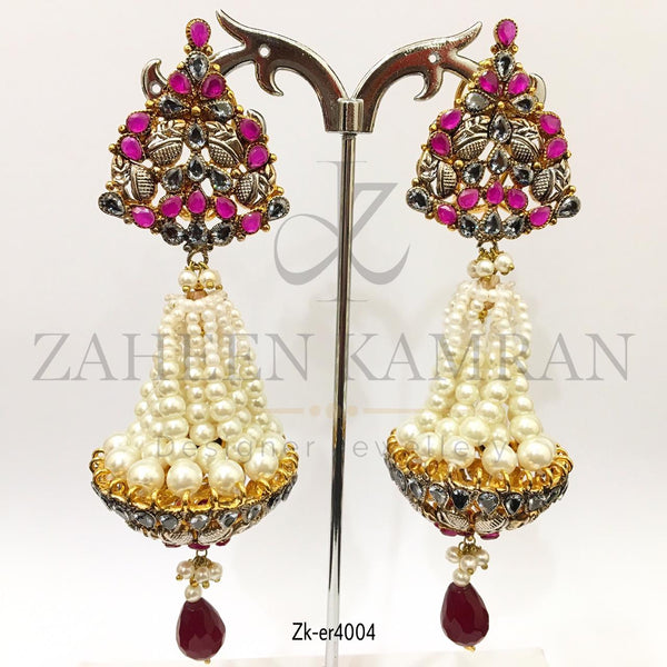 Adorable Ruby Jhumka Earrings with Pearls